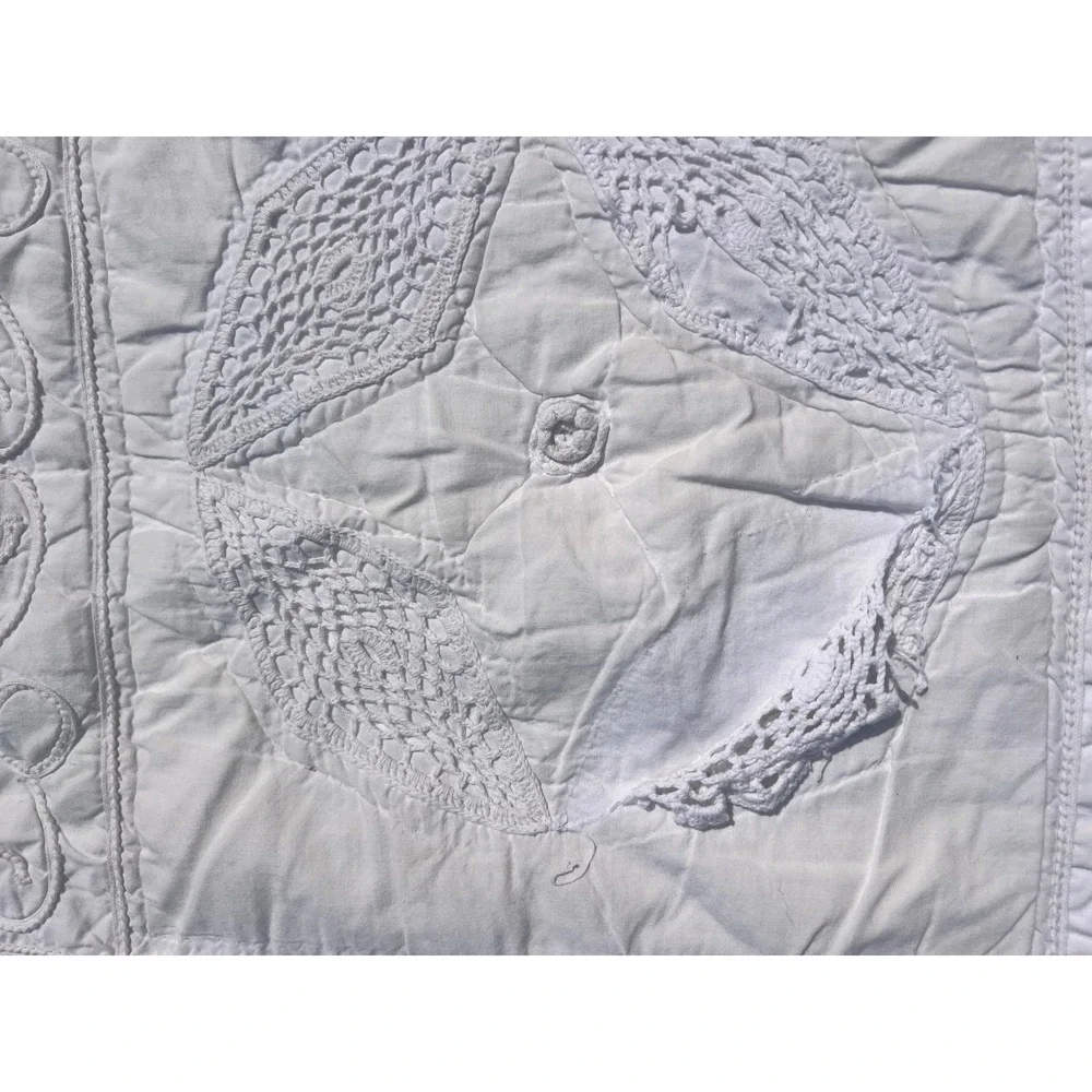 Vintage White Crochet Quilt 80x89  Great for Restoration,Cutter Quilt or Backing
